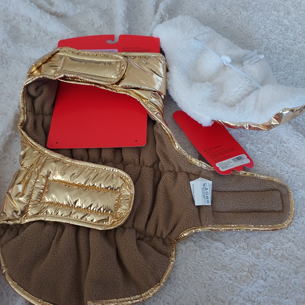 Boots & Barkley Medium Stylish Gold Puffer Jacket & Hat Dog Outfit - Picture 2 of 2